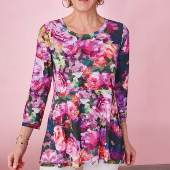 Soft Surroundings Elysian Garden Sublimation Magenta Rose Top L - Picture 1 of 7